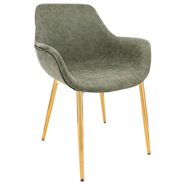 Leisuremod Markley Modern Leather Dining Arm Chair With Gold Metal Legs in Olive Green