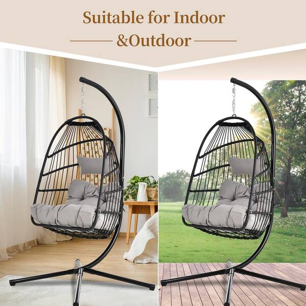 1-Person Black Metal Patio Swing with Waterproof Foldable Gray