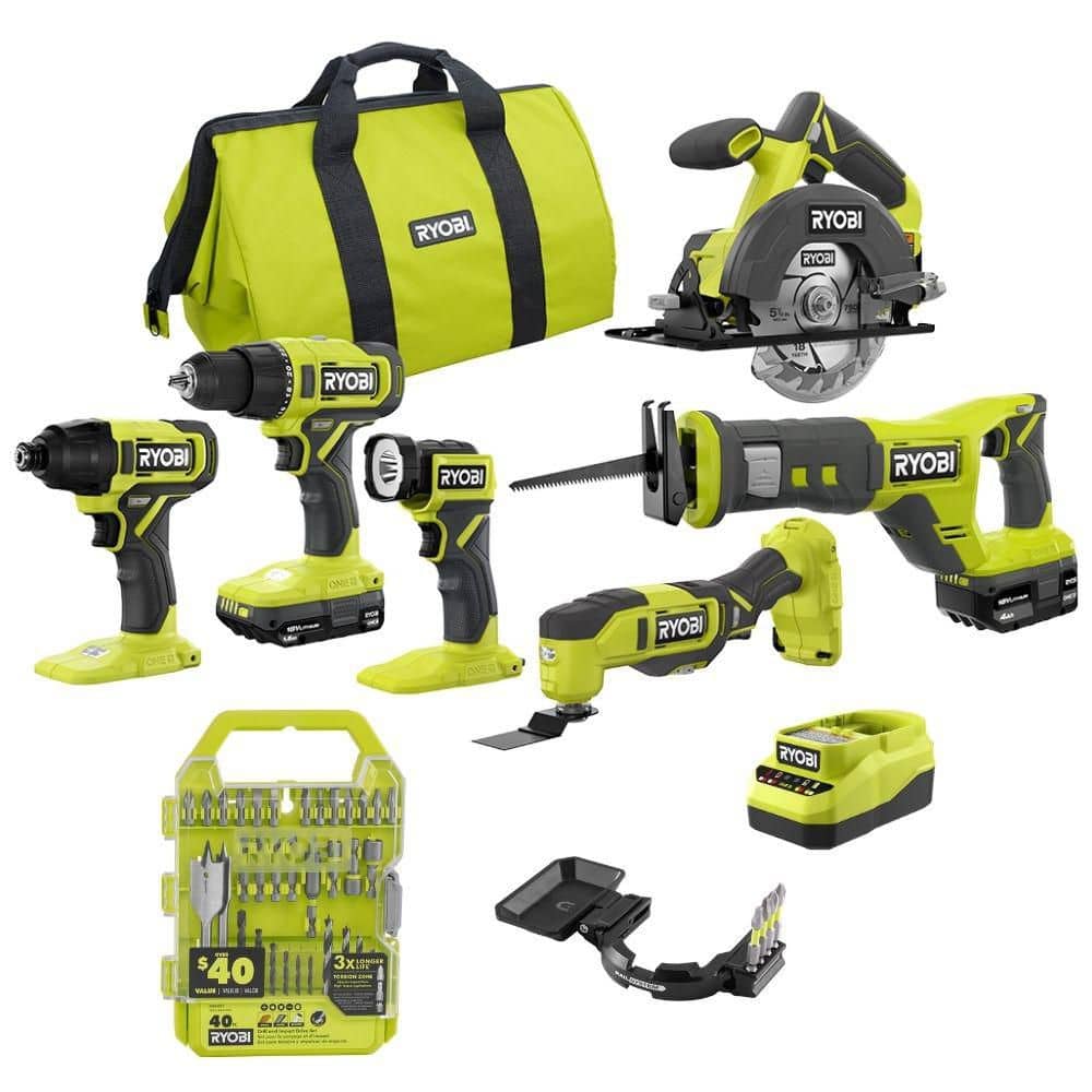 Ryobi ONE+ 18V Cordless 6-Tool Combo Kit with (2) Batteries, Charger, Impact Drive Kit (40-Piece), and Accessories