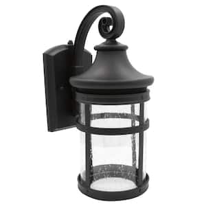 1-Light Black LED Outdoor Wall Lantern Sconce with Seeded Glass and Dusk to Dawn Sensor