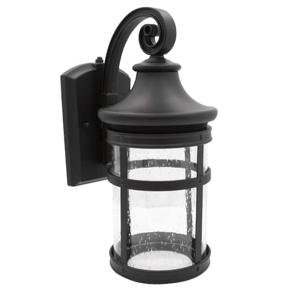 Maxxima 1-Light Black LED Outdoor Wall Lantern Sconce with Seeded Glass and Dusk to Dawn Sensor