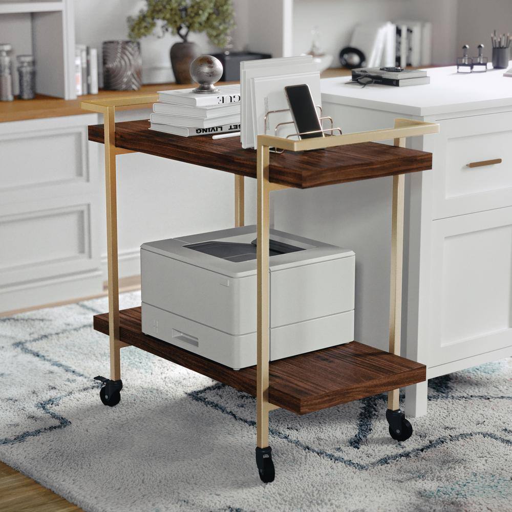 MARTHA STEWART 31.75 in. Wide Walnut/Polished Brass 2Shelf Cart