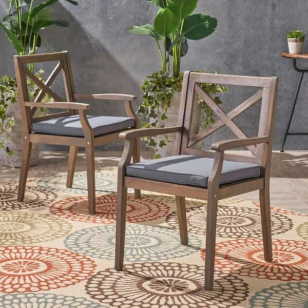 Perla Brown Acacia Wood Frame Outdoor Dining Chair with Armrests and Gray Cushions Set of 2