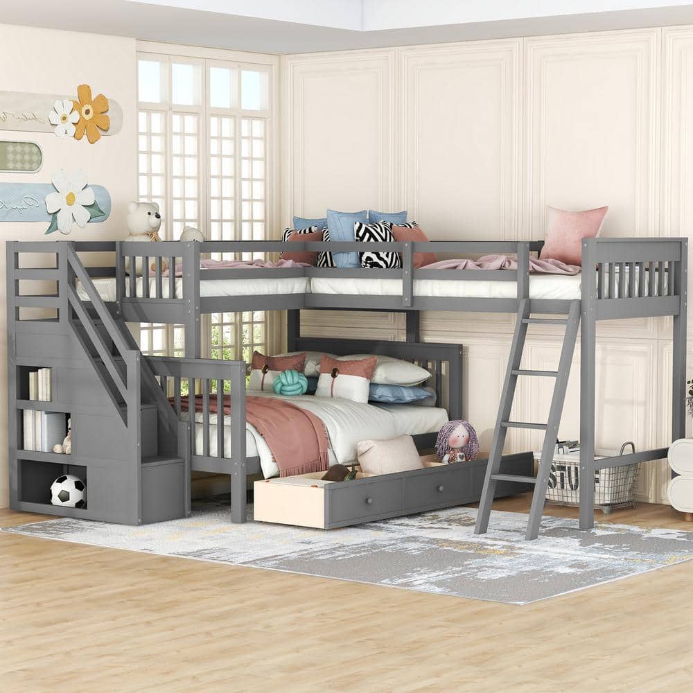 URTR L Shaped Gray Bunk Bed for 3, Wood Triple Twin Over Full Size Bunk
