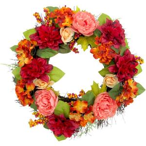 24 in. Artificial Spring Wreath with Dahlias and Peonies