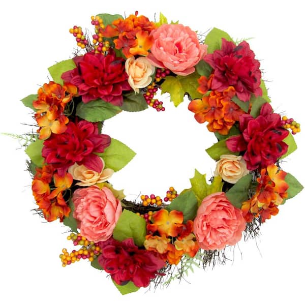 Fraser Hill Farm 24 in. Artificial Spring Wreath with Dahlias and Peonies