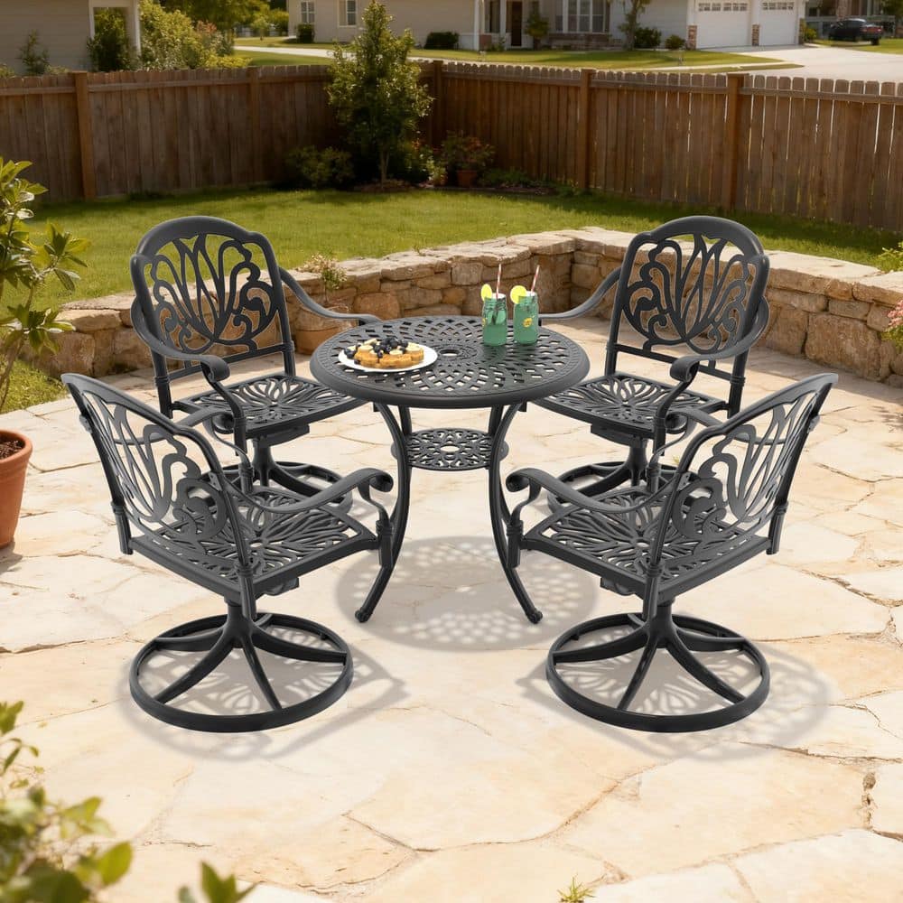 Black 5-Piece Cast Aluminum Patio Outdoor Dining Set with 4 Swivel Rockers with Brown Cushions and 30.71 in. Round Table price history on PriceWatchPro