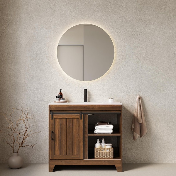 36 in. W x 19 in. D x 40 in. H Single Sink Freestanding Bath Vanity in Walnut with White Sintered Stone Top