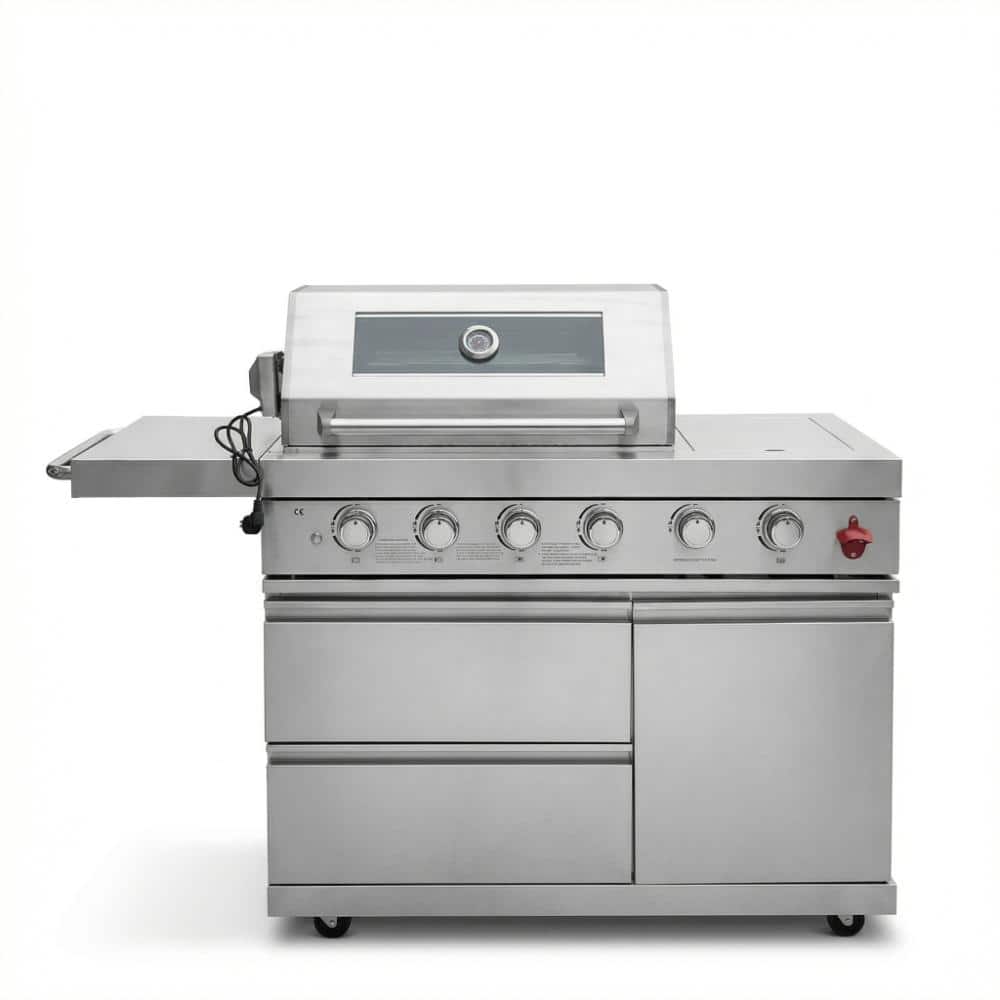 6-Burner Portable Gas Grill in Silver with Side Shelf, Rotisserie and Storage Drawers