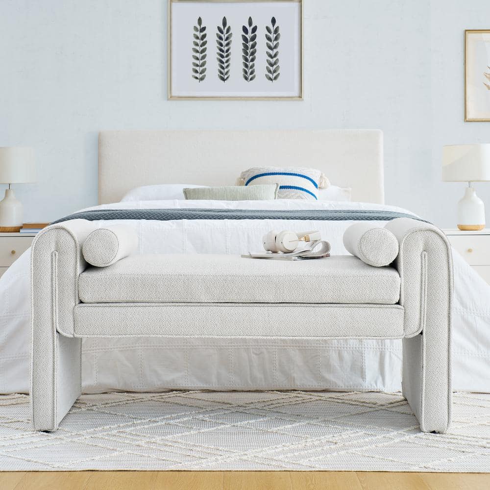 Storage Stool Sofa Footrest 50.4 in. Bedroom Bench White Linen Upholstered 