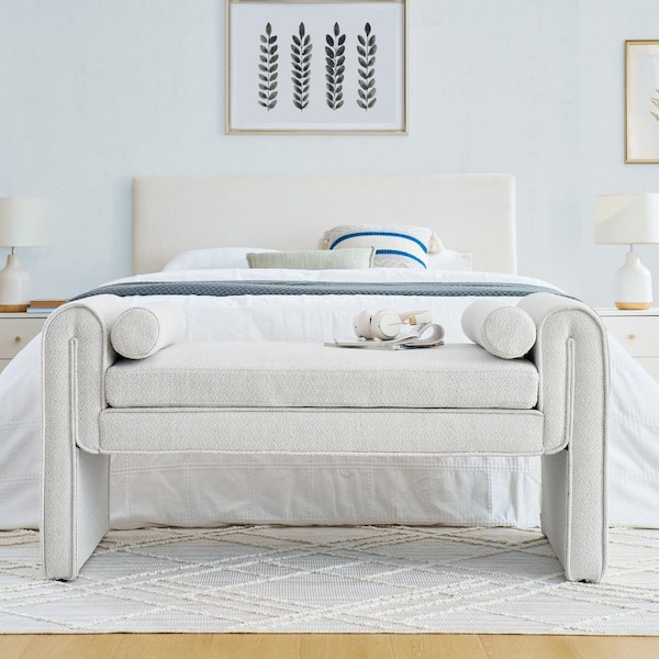 Unbranded Storage Stool Sofa Footrest 50.4 in. Bedroom Bench White Linen Upholstered Ottoman with 2 Bolster Pillows Entryway Bench