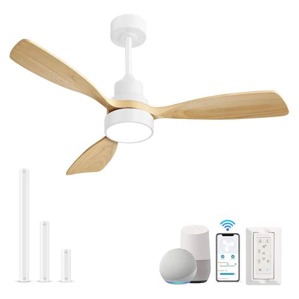 48 in. Indoor/Outdoor Wood White Ceiling Fan with LED Light, Remote Control and App