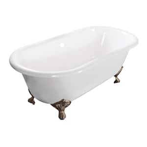 60 in. Cast Iron Double Ended Clawfoot Bathtub in White with Feet in Brushed Nickel