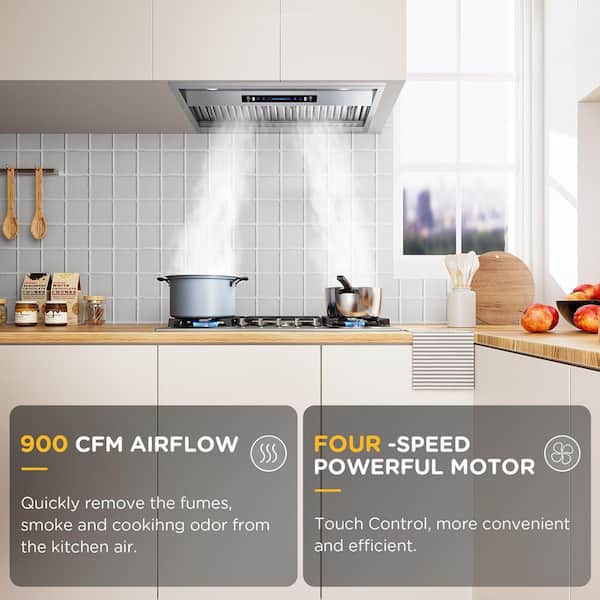 36in. 900 CFM Convertible Ducted to Ductless Insert Range Hood in Stainless Steel with LED Light 4-Speed Gesture Control