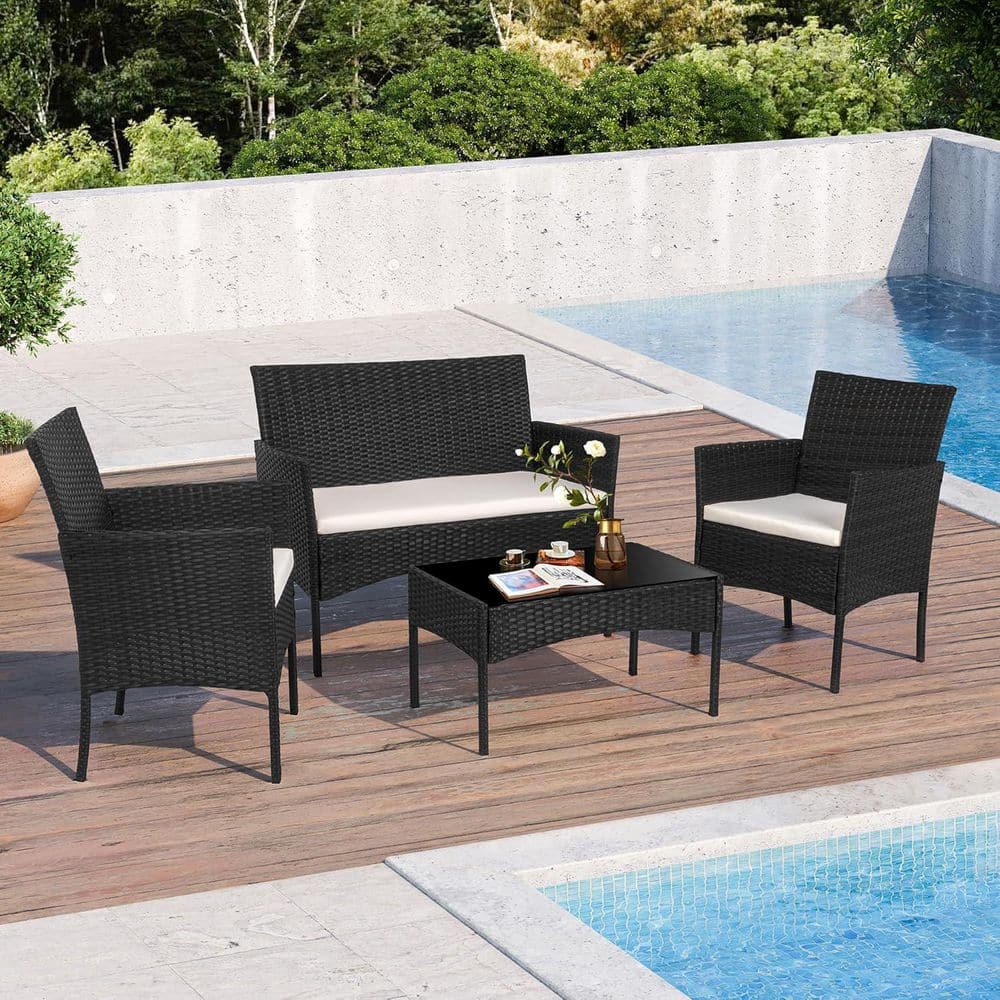 4-Piece Wicker Patio Conversation Furniture Set with Cushions & Table, All-Weather Rattan Chairs price history on PriceWatchPro