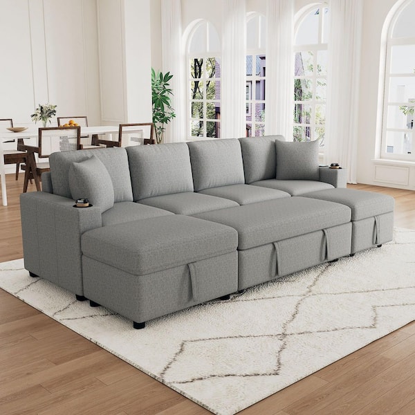 109.1 in. Luxurious Chenille Sectional Sofa in Gray with Storage Ottoman, Cup Holders, Convertible Pull-out Sofa Bed