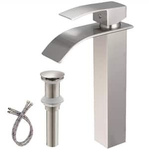 Single Handle Waterfall Vessel Sink Faucet Brass Bathroom Tall Faucets with Pop-Up Drain Assemblyi n Brushed Nickel