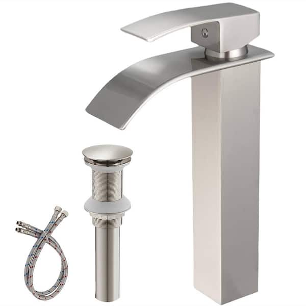 FLG Single Handle Waterfall Vessel Sink Faucet Brass Bathroom Tall Faucets with Pop-Up Drain Assemblyi n Brushed Nickel