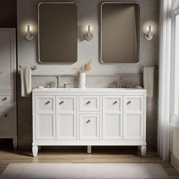 Hearthaven 61 in. Double Sink Freestanding White Bath Vanity with White Quartz Top Assembled