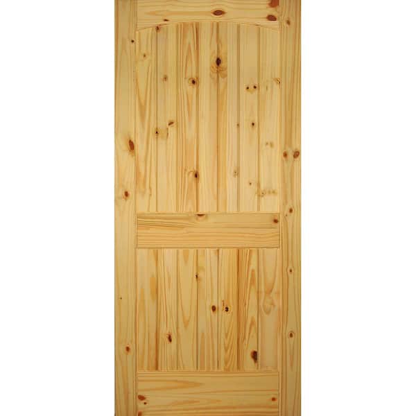 Builders Choice 36 in. x 80 in. Left-Handed 2-Panel Solid Core Unfinished Arch Top V-Grooved Knotty Pine Single Prehung Interior Door