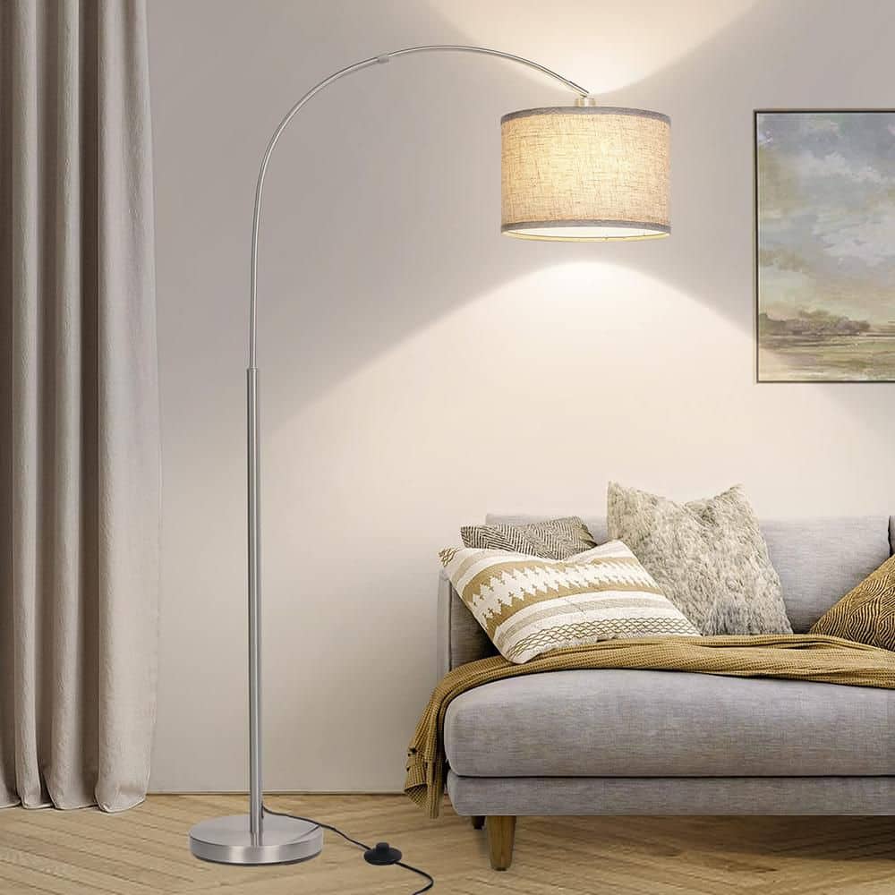 71 in. Silver 1-Light Arc Floor Lamp with Linen Shade and No Bulbs