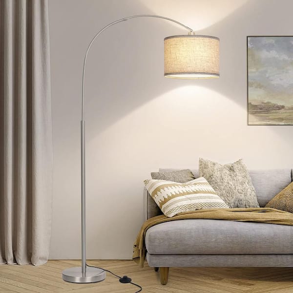 71 in. Silver 1-Light Arc Floor Lamp with Linen Shade and No Bulbs
