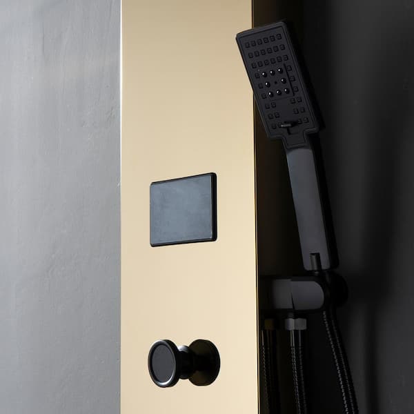 Dual 5-in-1 8-Jet Rainfall Shower Panel System with Waterfall Shower Head and Shower Wand With LED Light in Black Gold