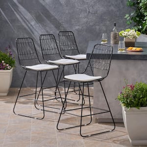Niez Black Iron Outdoor Bar Stool with Ivory Cushion (4-Pack)