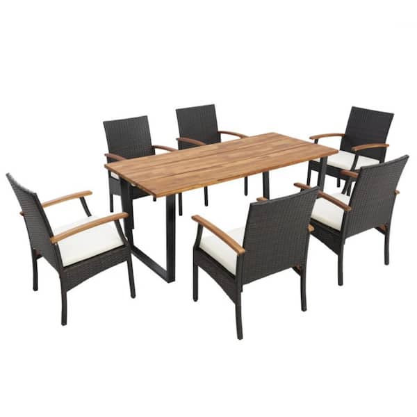 7-Piece Rattan Wicker Wood Handrail Outdoor Dining Set with Umbrella Hole, Acacia Wood Tabletop and Cushions