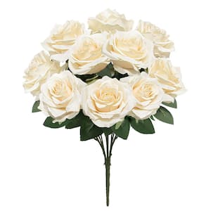 18 in. Deluxe Ivory Artificial Queen Rose Flower Stem Bush Bouquet (Set of 2)