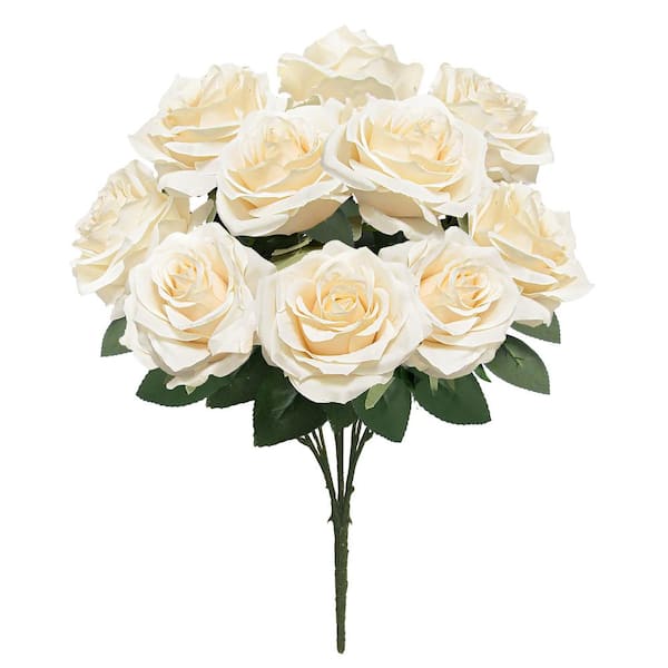 LIVING LUXURY 18 in. Deluxe Ivory Artificial Queen Rose Flower Stem Bush Bouquet (Set of 2)
