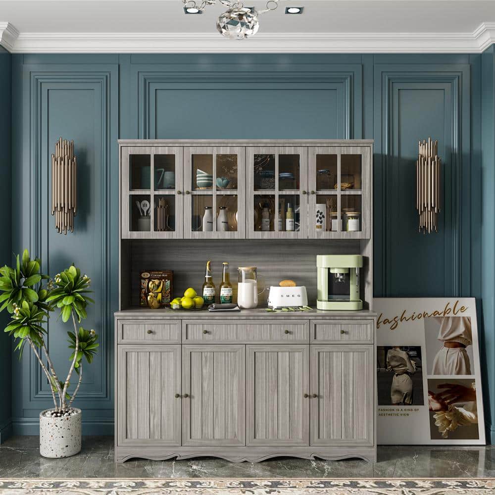 Gray Retro Style Wood Accent Storage Cabinet with 3-Drawer, Tempered Glass Doors and Adjustable Shelves price history on PriceWatchPro