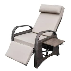 Ergonomically Designed Backrest Adjustable Brown PE Wicker Outdoor Recliner with Khaki Cushions