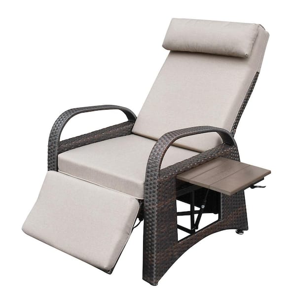 Tenleaf Ergonomically Designed Backrest Adjustable Brown PE Wicker Outdoor Recliner with Khaki Cushions