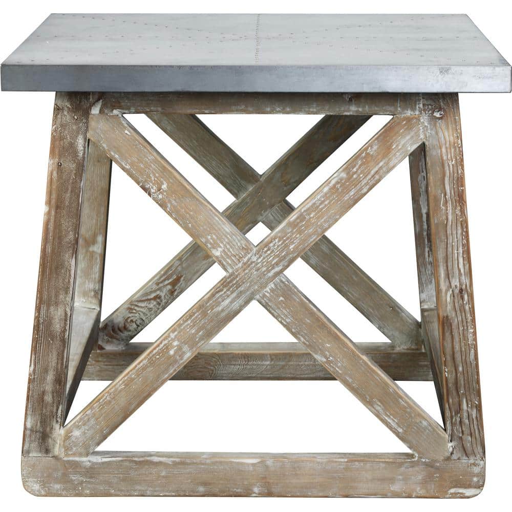 Farmhouse Charm Reclaimed Pine & Zinc Top Side Table