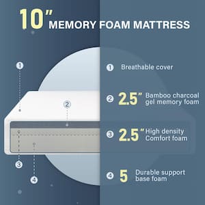 Nixy King Medium Memory Foam 10 in. Bed-in-a-Box CertiPUR-US Bamboo Charcoal Mattress