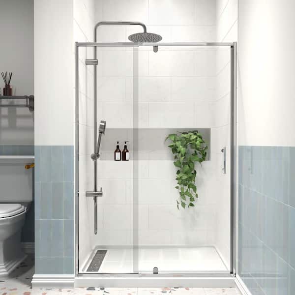 imperiol Modern 48 in. W x 71 in. H Pivot Swing Semi-Frameless Shower Door in Chrome Finish with 1/4 in. (6mm) Clear Glass