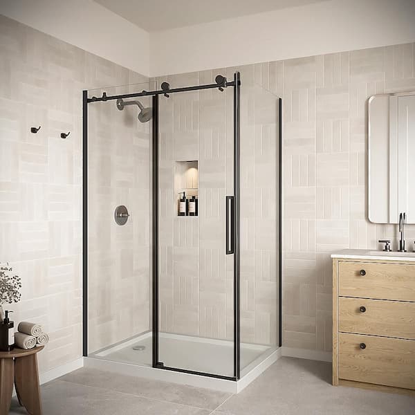 Cingoli 48 in. x 76 in. Semi-Frameless Sliding Shower Door with CrystalTech Treated 5/16 in. Glass, Matte Black Hardware
