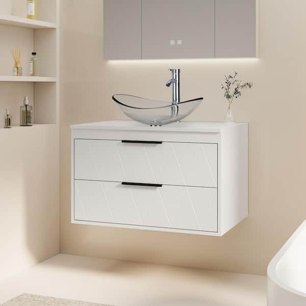 30 in. W x 20.5 in. D x 18.7 in. H Single Sink Floating Bath Vanity in White with Oval Clear Glass Vessel Sink Top
