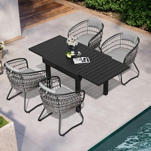 5-Piece Aluminum Outdoor Dining Set, Expandable Rectangle 63 in. Table and Steel Rattan Chairs with Gray Cushion