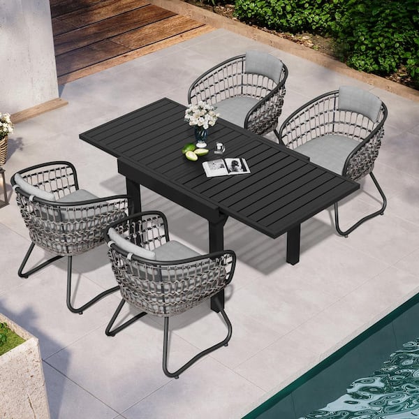 5-Piece Aluminum Outdoor Dining Set, Expandable Rectangle 63 in. Table and Steel Rattan Chairs with Gray Cushion