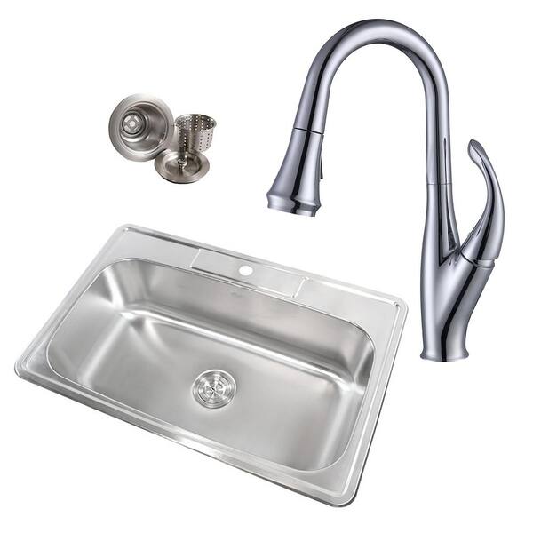 Emoderndecor Topmount Drop In 18 Gauge Stainless Steel 33 In X 22 In X 9 In 1 Hole Single Bowl Kitchen Sink And Faucet Combo Alts 3322 1 460 The Home Depot