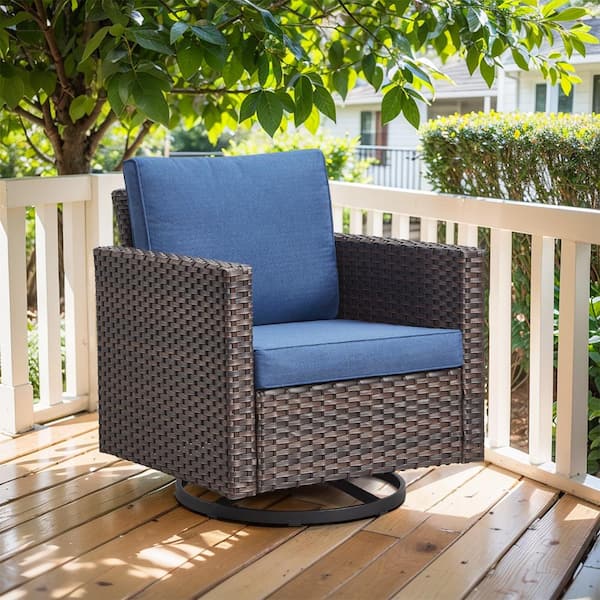 moosprr U-Foot Brown Swivel Glider Wicker Outdoor Rocking Chair with Blue Cushion (1-Pack)