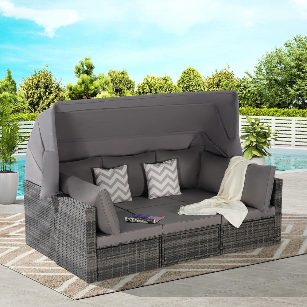 5 of Pieces Dark Gray Wicker Outdoor Day Bed Furniture Set with Retractable