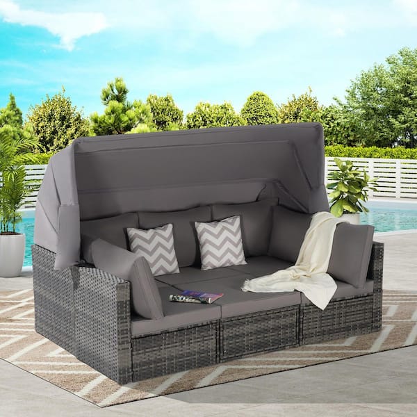Unbranded 5 of Pieces Dark Gray Wicker Outdoor Day Bed Furniture Set with Retractable Canopy, Side Table, and Gray Cushions