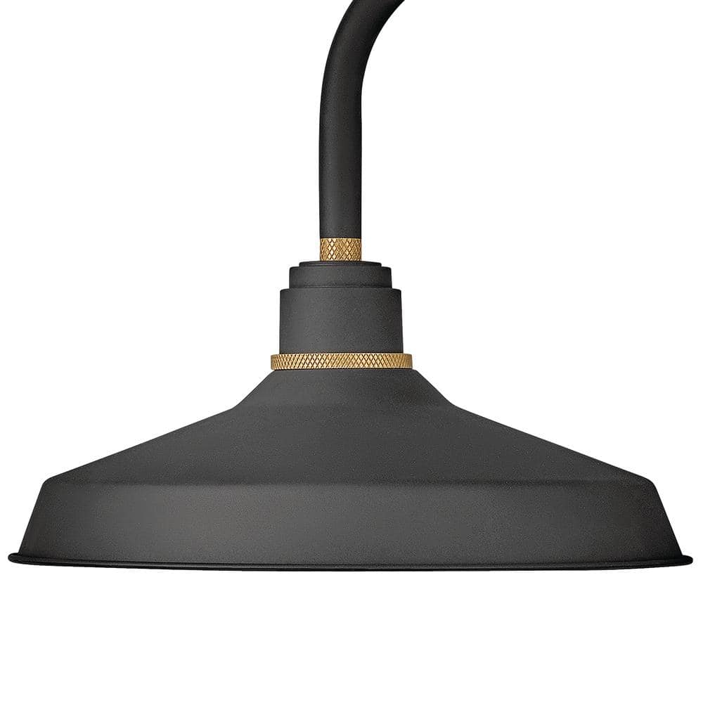 Textured Black 1-Light Outdoor Gooseneck Barn Sconce with Brass Details