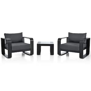 Black 3-Piece Aluminum Frame Patio Conversation Set Bistro Set Outdoor Chat Set Armchairs Table, Gray Cushion