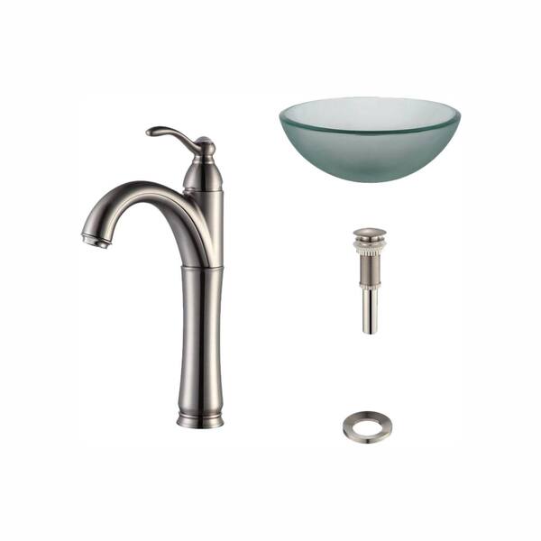 KRAUS Frosted Glass Vessel Sink in Clear with Single Hole Single-Handle High-Arc Riviera Faucet in Satin Nickel