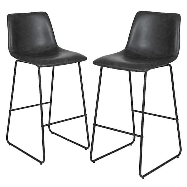 Carnegy Avenue Dark Gray Reagan 30 in. Leather Soft Barstools with Footrest, Modern Bucket Style Bar Height Stools (Set of 2)
