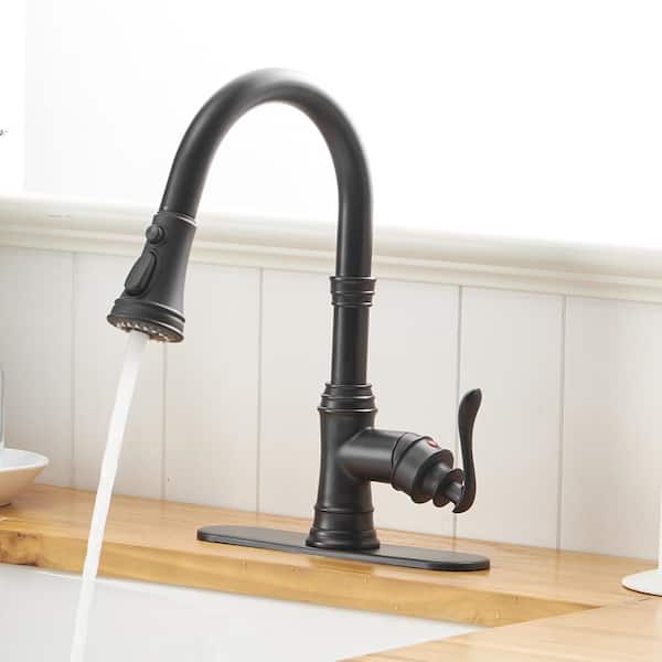 Single Handle Matte Black 14.4 in. H 3-Function Pull-Down Sprayer Kitchen Faucet W/ 360 Swivel, Spot Resist